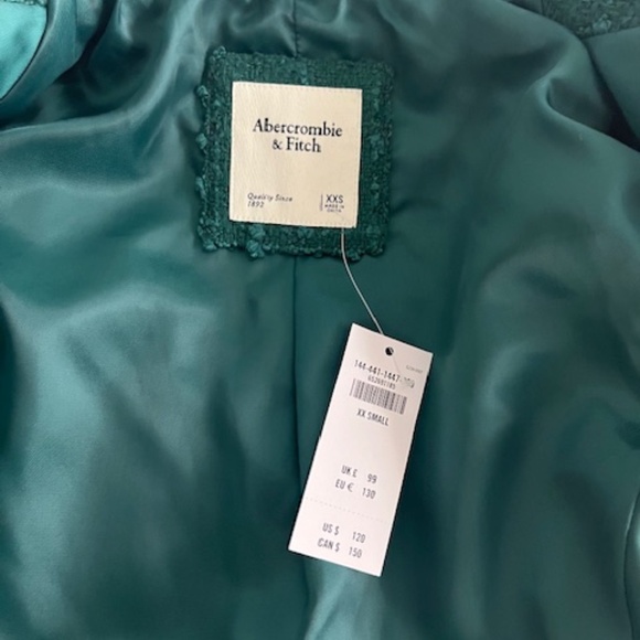 NWT Abercrombie & Fitch Tweed Crop Tailored Jacket Blazer Emerald Green XXS A&F - Picture 6 of 6